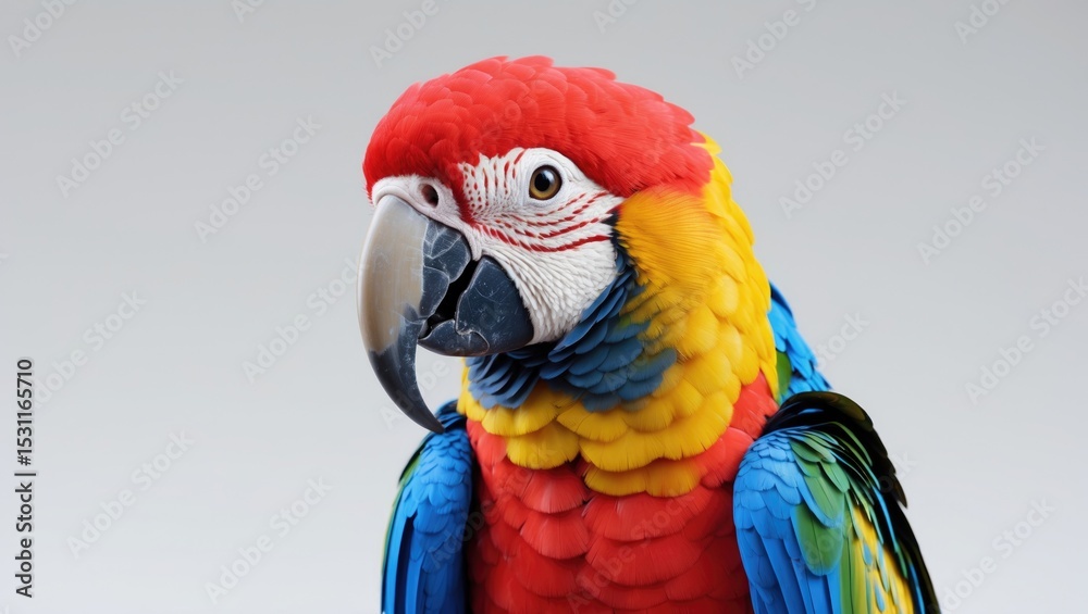 Fototapeta premium Colorful macaw parrot isolated on white background, with selective focus on its face.