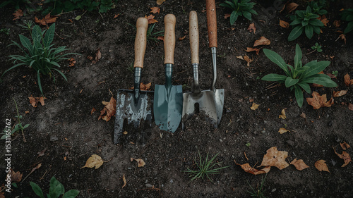 Gardening tools stuck in the ground cultivating soil