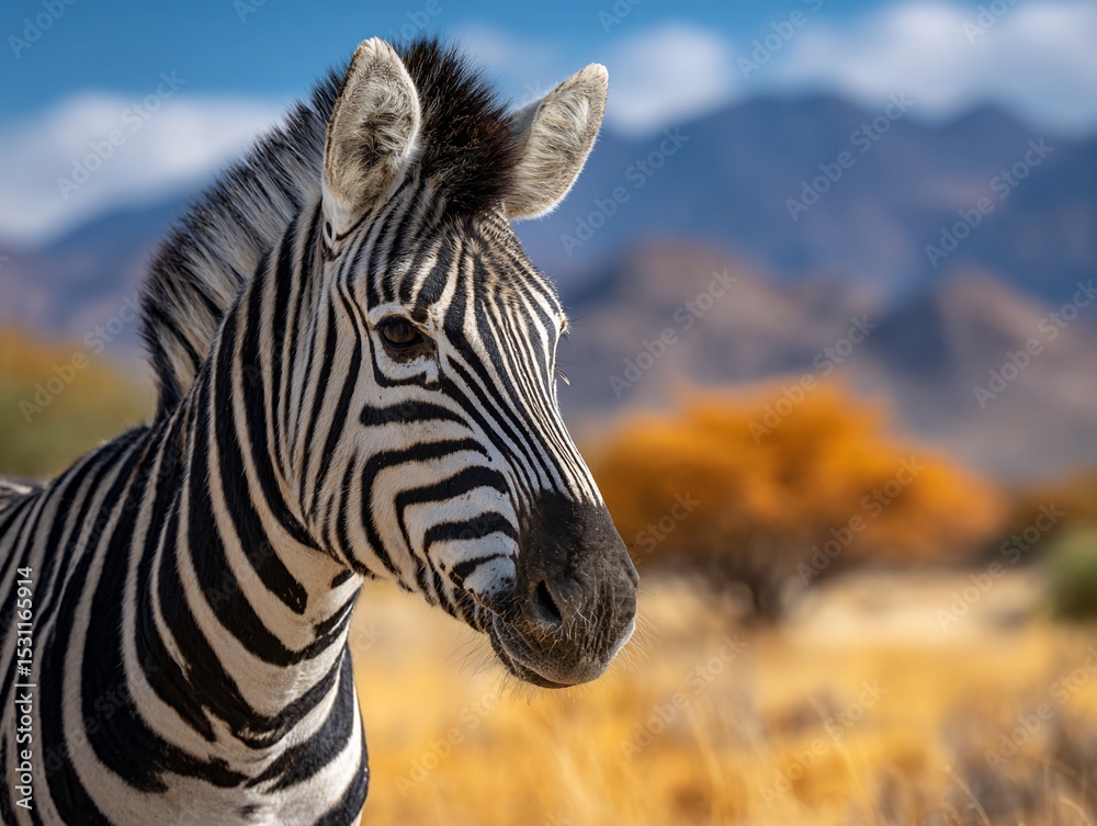 Naklejka premium Striped zebra gazes in African savanna