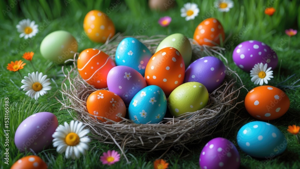 Colorful Easter eggs in the nest on the green grass, vibrant seasonal decorations. Colorful Easter eggs in the nest on the green grass, vibrant seasonal decorations.
