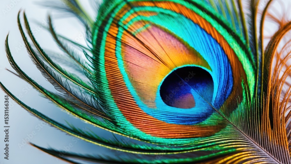 Obraz premium Colored peacock feather on white background, symbolizing carnival.