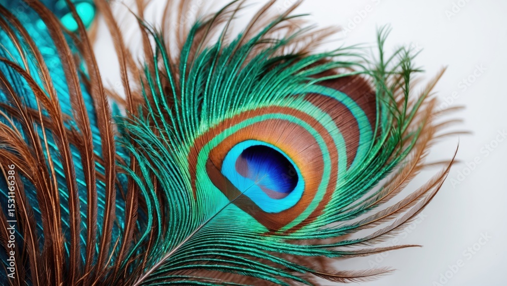 Fototapeta premium Vivid peacock feathers in COLOR on a WHITE background