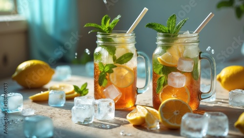 Chilled iced tea with ice cubes. Presented in a jar accompanied by a paper straw.