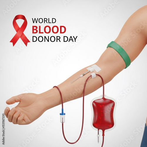 3D render of a human arm with a blood donation needle and tube attached to a transparent blood bag, clean background, World Blood Donor Day medical concept, high-quality render