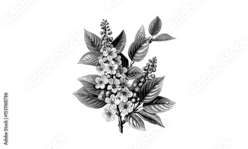 Bird Cherry Prunus Pensylvanica Flowers Vector Illustration, vintage floral engraving, botanical drawing, spring blossom vector, flower illustration, botanical nature art, engraved flower art.