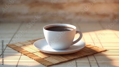 Top view of a coffee cup placed on a bamboo table.