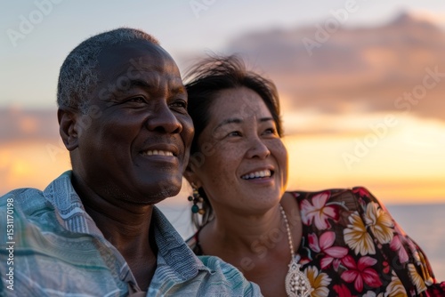 Portrait of a grinning multicultural couple in their 40s watching the sunset