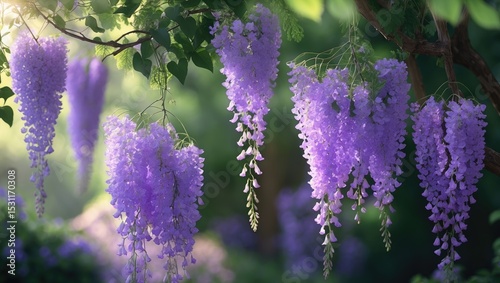 Clusters of wisteria flowers hanging on wooden trellis. Purple wisteria blooms in spring. Wisteria climbers in a blooming landscape.