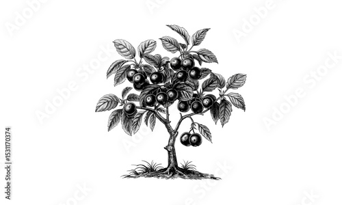 Black Cherry Tree Illustration, vector art, cherry blossom design, botanical, nature, tree clipart, floral elements, garden, spring season, nature drawing, foliage, landscape vector.