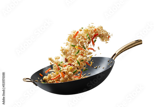 Vegetable fried rice in wok pan isolated on transparent background
