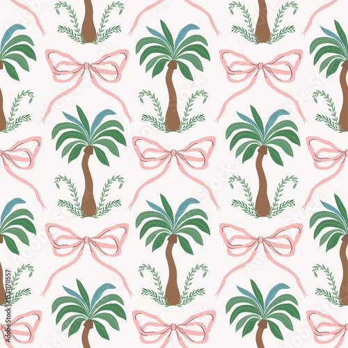 Summer victorian seamless pattern with palm trees and bows, coquette wallpaper, charming background