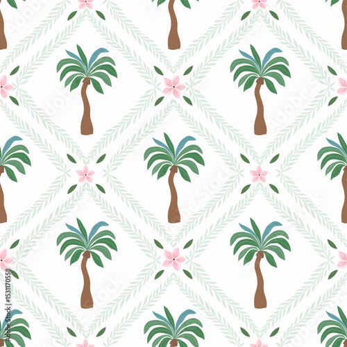 Palm tree seamless pattern in retro style, summer wallpaper, victorian background