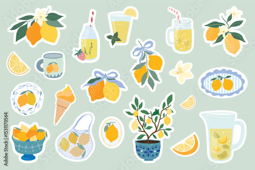 Lemon stickers collection, aesthetic elements ideal for summer, Mediterranean vibe