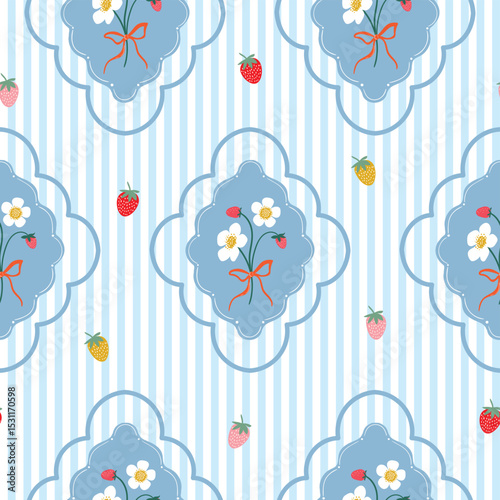 Vintage seamless pattern with strawberries and flowers, striped summer wallpaper, charming background