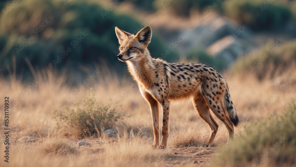 Bengal fox, Vulpes bengalensis, male hunting on dry Indian savanna. Shy fox endemic to the Indian subcontinent. Male during late evening in Indian landscape. Bengal fox, Vulpes bengalensis, male hunting on dry Indian savanna. Shy fox endemic to the Indian subcontinent. Male during late evening in Indian landscape.