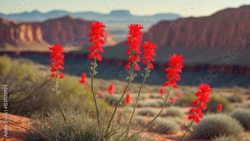 Big Bend desert scene showcasing the vivid crimson blooms of the plant photo