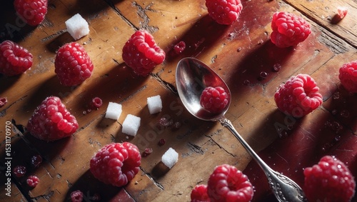 Raspberries berries with a teaspoon and sugar cubes resting on a rustic wooden table top view.