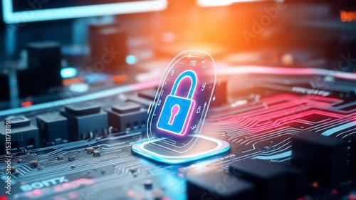 Digital security hologram of virtual key icon on circuit board. Financial data privacy concept and VPN service protection. Blockchain background and secure crypto wallet. 4k video