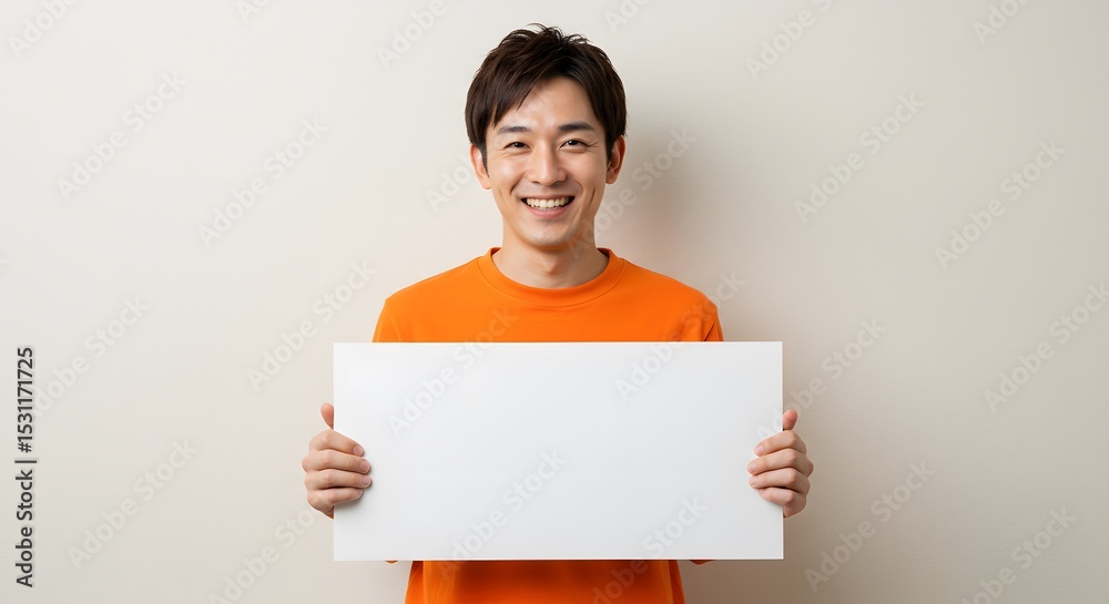 Smiling Asian Man Holding Blank White Sign Board for Message Smiling Asian Man Holding Blank White Sign Board for Message