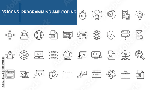 Programming coding set of web icons in line style. Software development icons for web and mobile app. Code, api, programmer, developer, information technology, coder and more. Vector illustration
