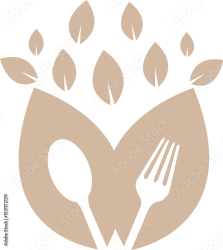 Minimalist illustration with a fork and spoon crossed over stylized leaves, featuring organic leaf shapes above. Soft neutral colors highlight themes of healthy eating and sustainability.