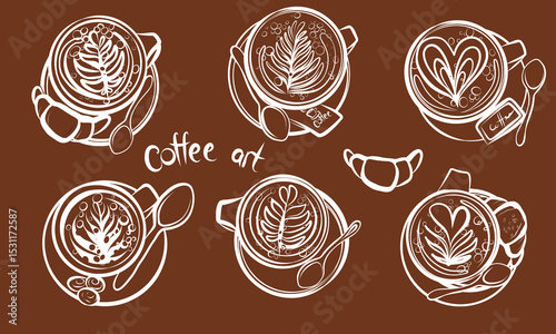 Coffee machine, coffee grinder, Turkish coffee, milk frother, filter coffee, French press. Hand drawn vector clip art.
