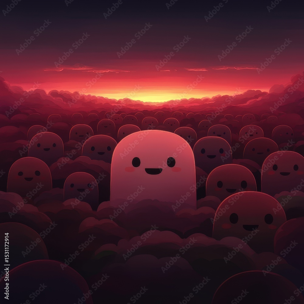 Fototapeta premium Cute, smiling blob-like creatures gather under a vibrant red and orange sunset sky, creating a playful and warm atmosphere.