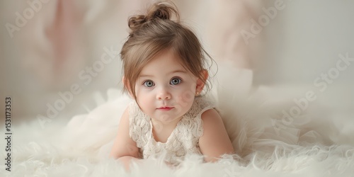 Adorable baby girl in white dress. Soft, elegant style. Perfect for websites, cards, and family albums.