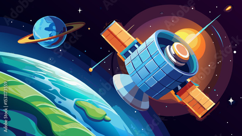 A satellite orbits Earth, capturing stunning views of the planet against a backdrop of space, highlighting technology and exploration.