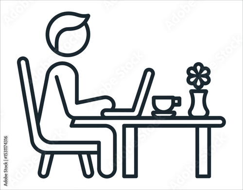 Line Art Icon – Clean Workspace with Laptop and Tea Cup