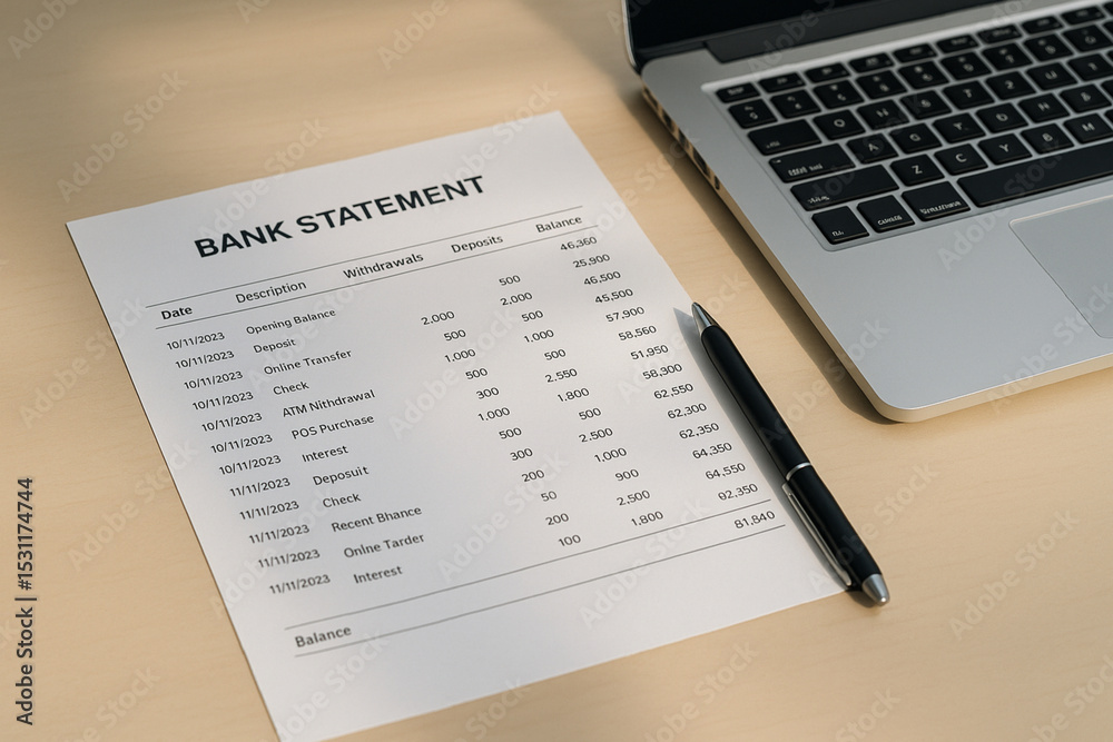 Obraz premium Bank Statement and Laptop on Minimal Desk – Budget Planning Scene