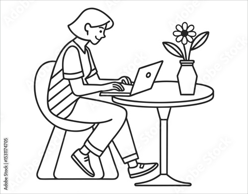 Modern Office Desk Line Icon – Laptop and Tea