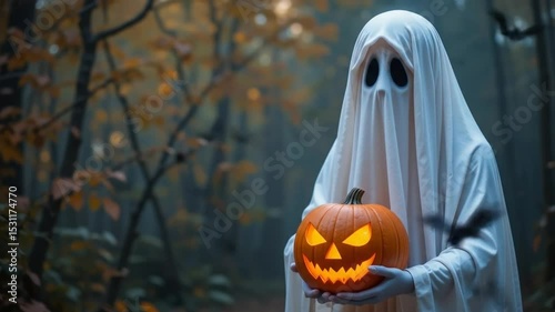 Halloween featuring a ghost wrapped in white cloth holding a carved pumpkin against a fall background with flying bats. 4k video