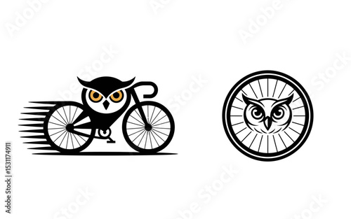 Silhouette of a owl riding a bicycle.