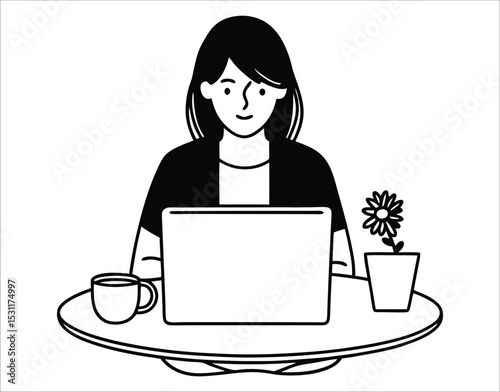 Outline Icon of Freelancer with Laptop, Tea, and Vase