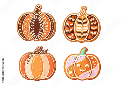 Pumpkin-shaped cookie with icing details in flat vector illustration on a transparent background