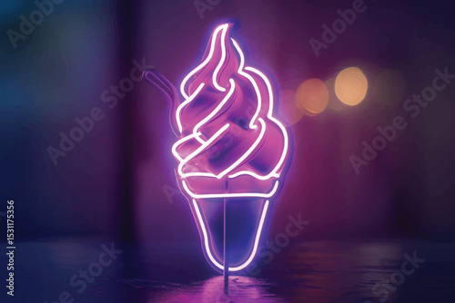 Neon ice creme sign. Glowing ice creme in waffle cone. Vector illustration in neon style.