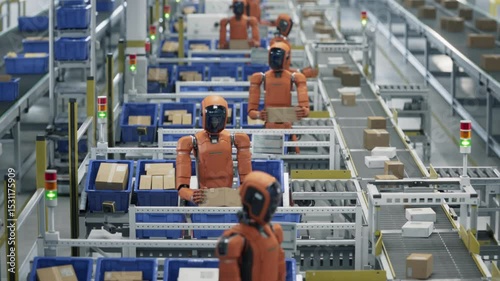 3D Animation: Row of Autonomous AI-Enabled Humanoid Robots Work at Fulfillment Center. Automated Warehouse or Logistics Center with Advanced General Purpose Humanoid Robots for Improved Efficiency
