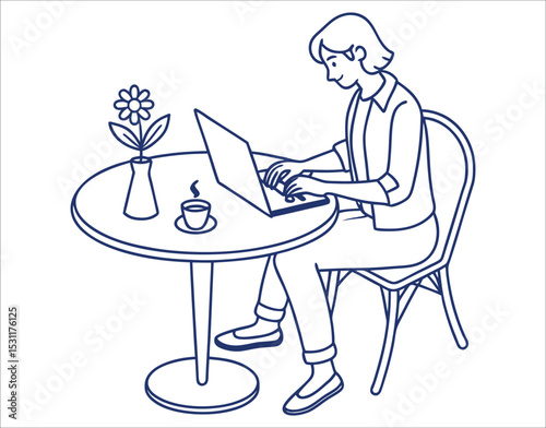 Simple Outline Icon – Person at Laptop with Decor