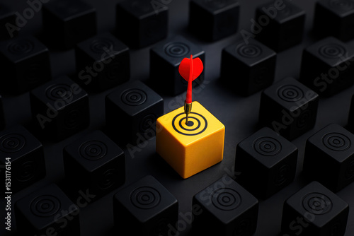 Success and focus are highlighted by a single yellow cube with a target hit by a red dart amid black matte cubes on a dark surface