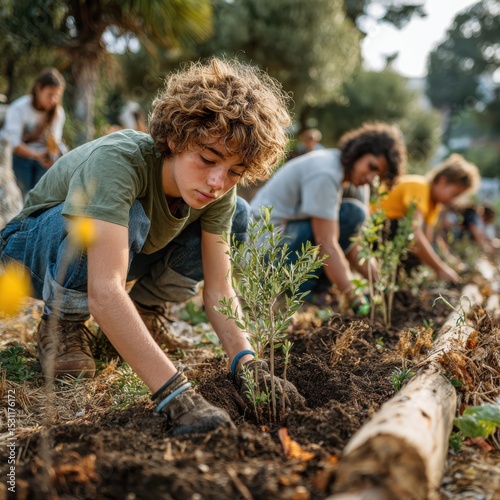 Young Volunteers Planting Saplings in a Sunny Community Garden