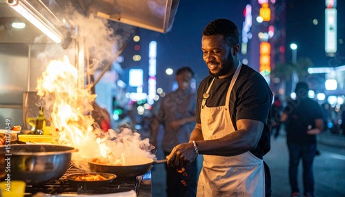 Food truck local food urban concept. Chef cooking outdoors at night with flames and city lights in background.