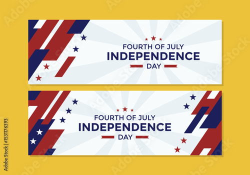 Fourth of July banner template banner set on yellow background with American flag elements such a star shape, red and blue color