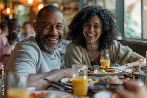 Portrait of a smiling multiethnic couple in their 40s having breakfast together