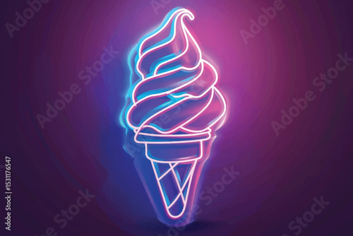 Neon ice creme sign. Glowing ice creme in waffle cone. Vector illustration in neon style.