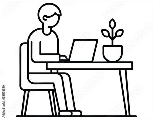 Thin Line Icon of Laptop Workstation with Flower Pot
