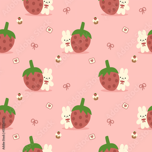 Rabbit and strawberry cartoon so cute. On cupcake bow heart pink background. Pattern seamless vector illustration. 