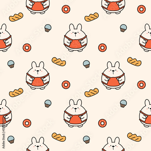 Rabbit chef cartoon so cute. On bread donut cupcakes background. Pattern seamless vector illustration. 