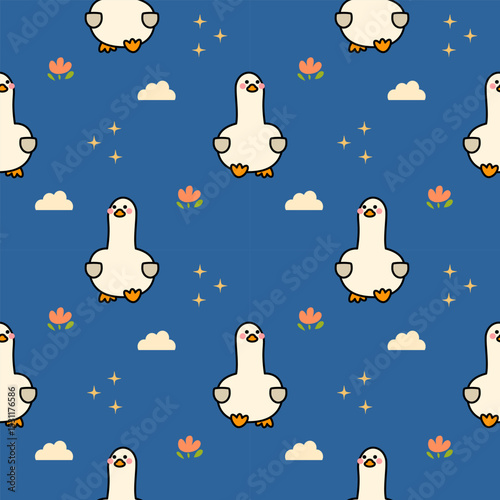 Duck cartoon so cute. On flower cloud star blue background. Pattern seamless vector illustration. 