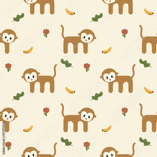 Monkey cartoon so cute. On banana leaf flower background. Pattern seamless vector illustration. 